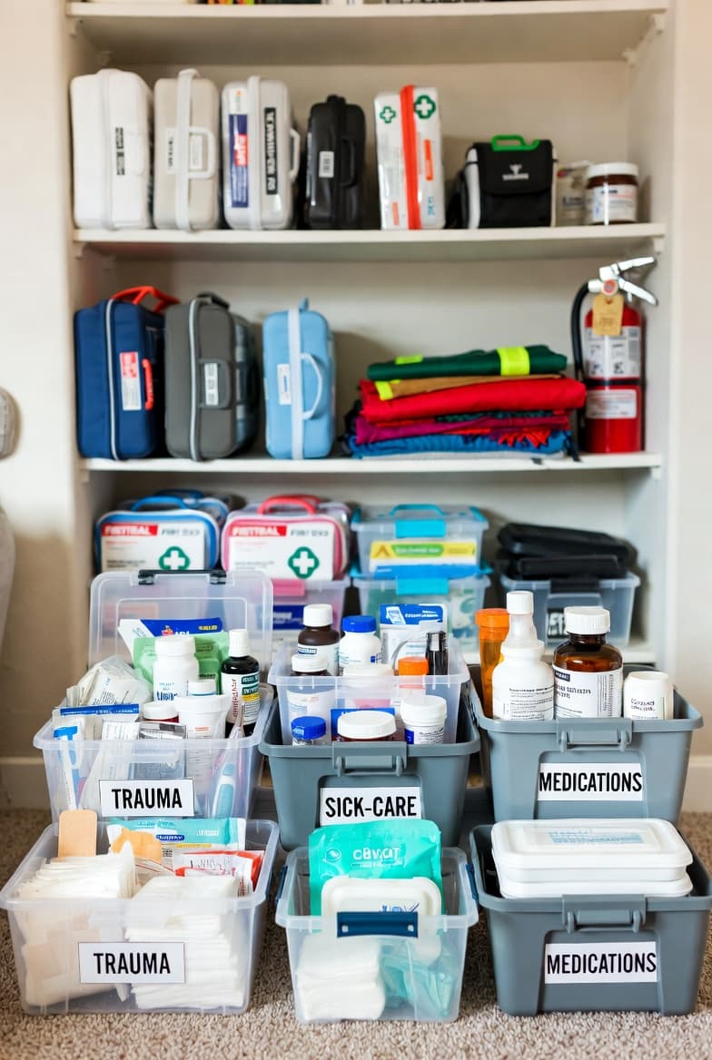 Organized home medical cache with first aid supplies and medical equipment staged for emergency response