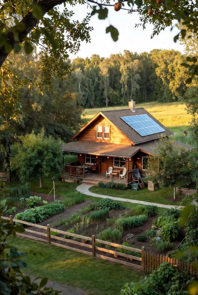 House with solar panels in the woods, prepared for shelter-in-place scenarios